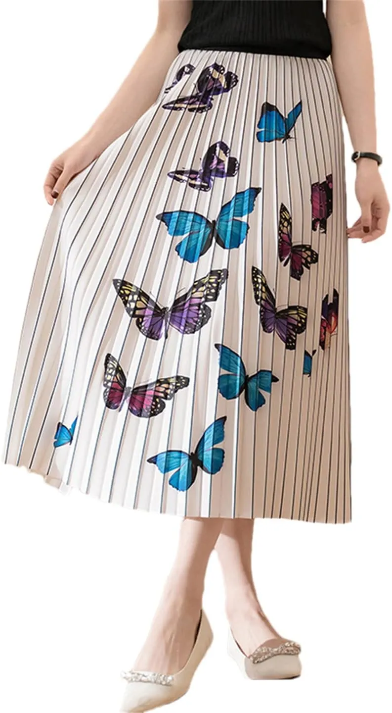 Butterfly Print Pleated Long Skirt Women Spring Summer A Line High Waist Midi Skirt