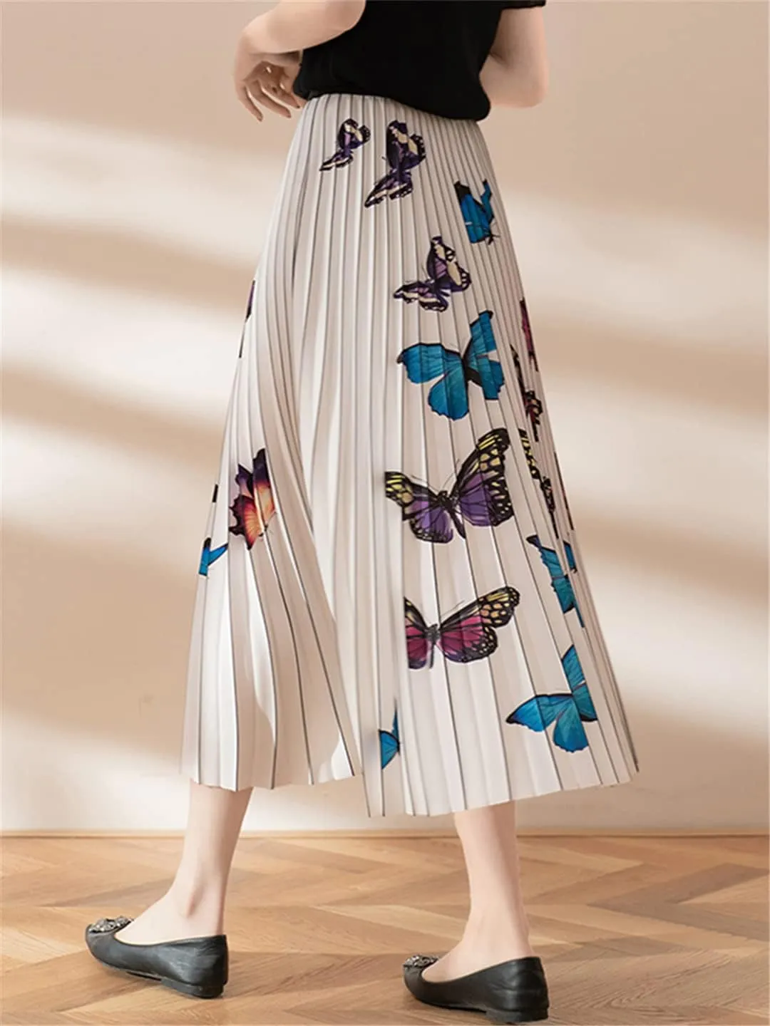Butterfly Print Pleated Long Skirt Women Spring Summer A Line High Waist Midi Skirt