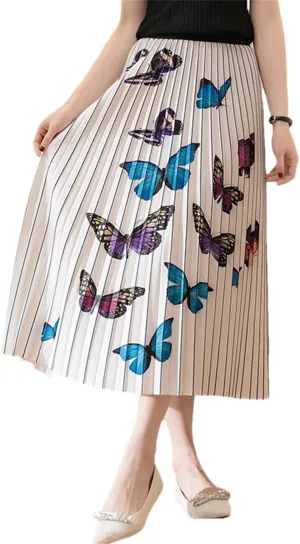 Butterfly Print Pleated Long Skirt Women Spring Summer A Line High Waist Midi Skirt