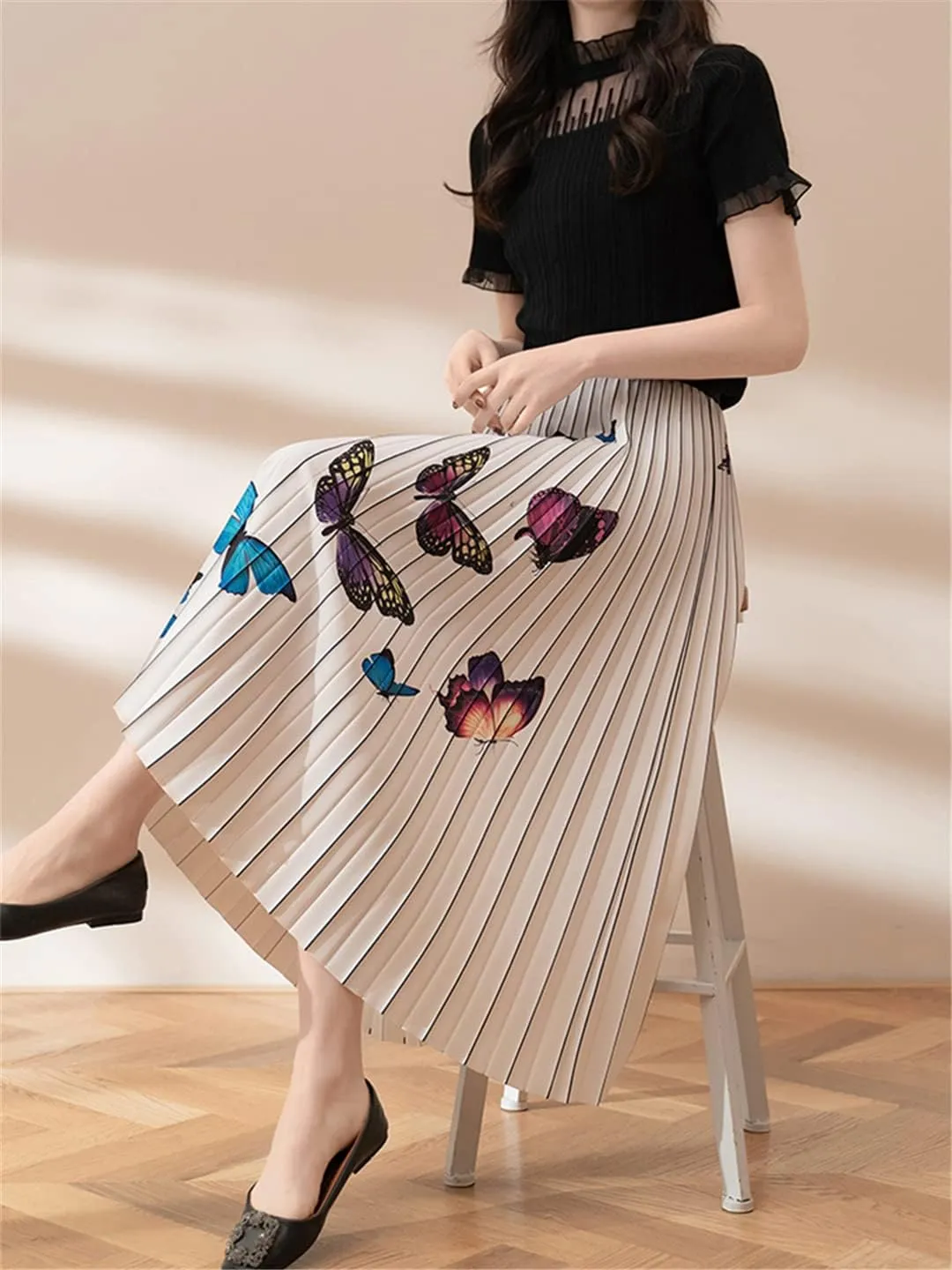 Butterfly Print Pleated Long Skirt Women Spring Summer A Line High Waist Midi Skirt
