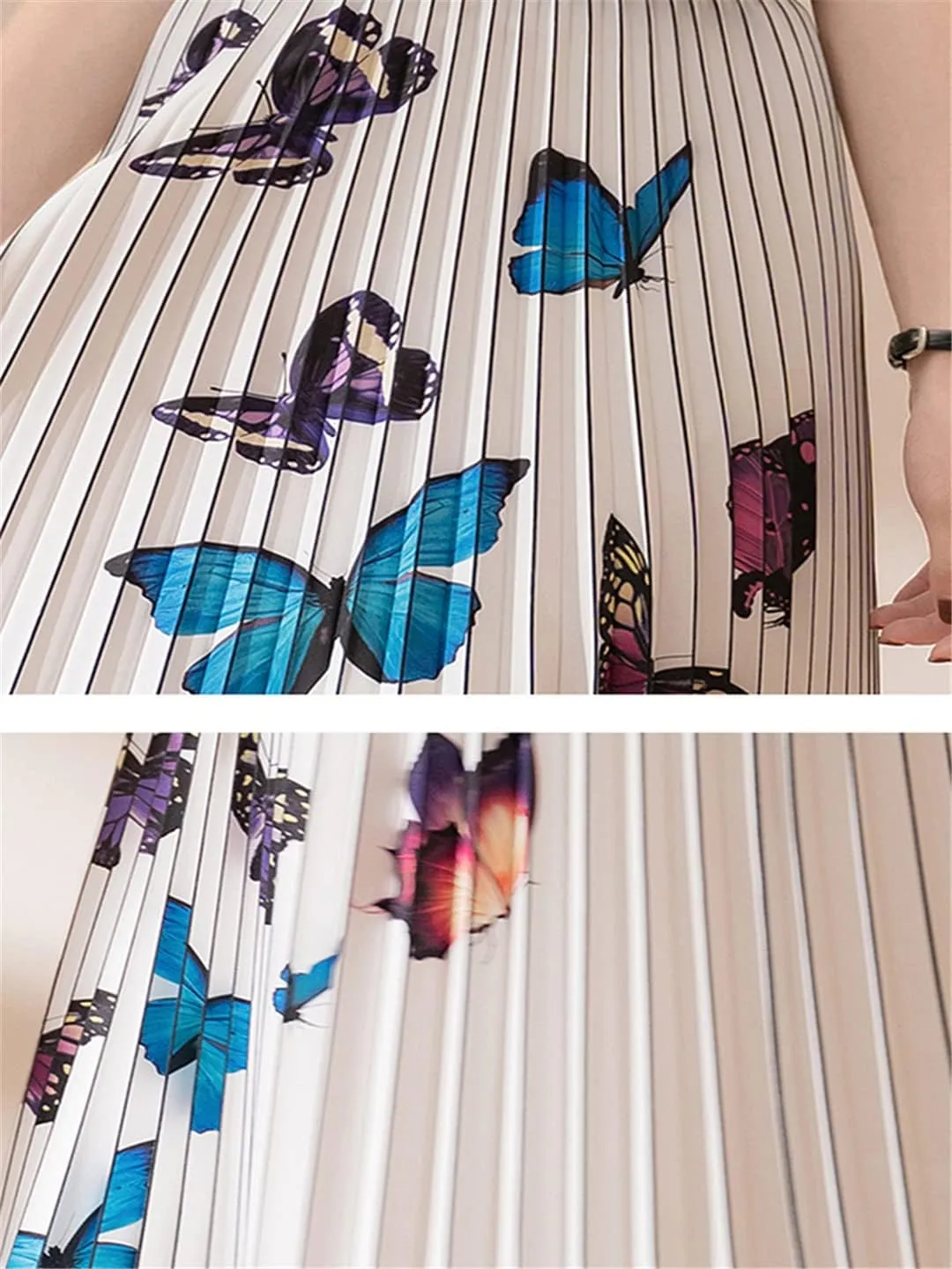 Butterfly Print Pleated Long Skirt Women Spring Summer A Line High Waist Midi Skirt