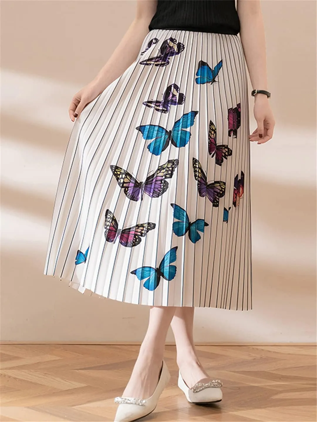 Butterfly Print Pleated Long Skirt Women Spring Summer A Line High Waist Midi Skirt