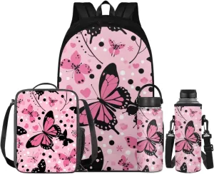 Butterfly School Bag Set for Girls 8-10 Cute School Backpack with Lunch Box Water Bottle Carrier Bag and Insulated Water Bottle for Elementary/Primary/Middle School Travel Daypack