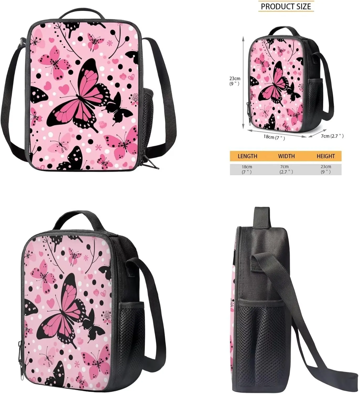 Butterfly School Bag Set for Girls 8-10 Cute School Backpack with Lunch Box Water Bottle Carrier Bag and Insulated Water Bottle for Elementary/Primary/Middle School Travel Daypack