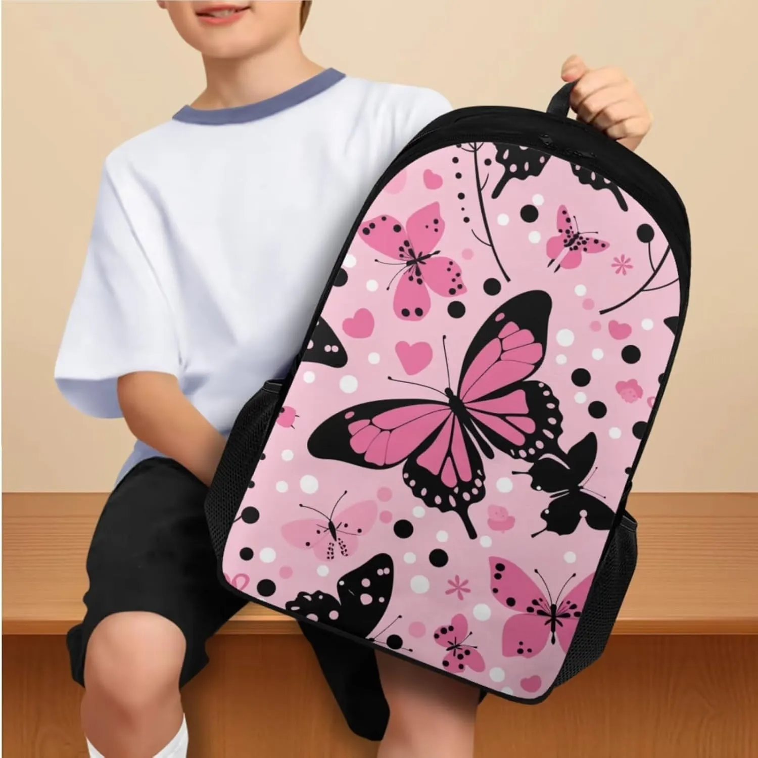 Butterfly School Bag Set for Girls 8-10 Cute School Backpack with Lunch Box Water Bottle Carrier Bag and Insulated Water Bottle for Elementary/Primary/Middle School Travel Daypack
