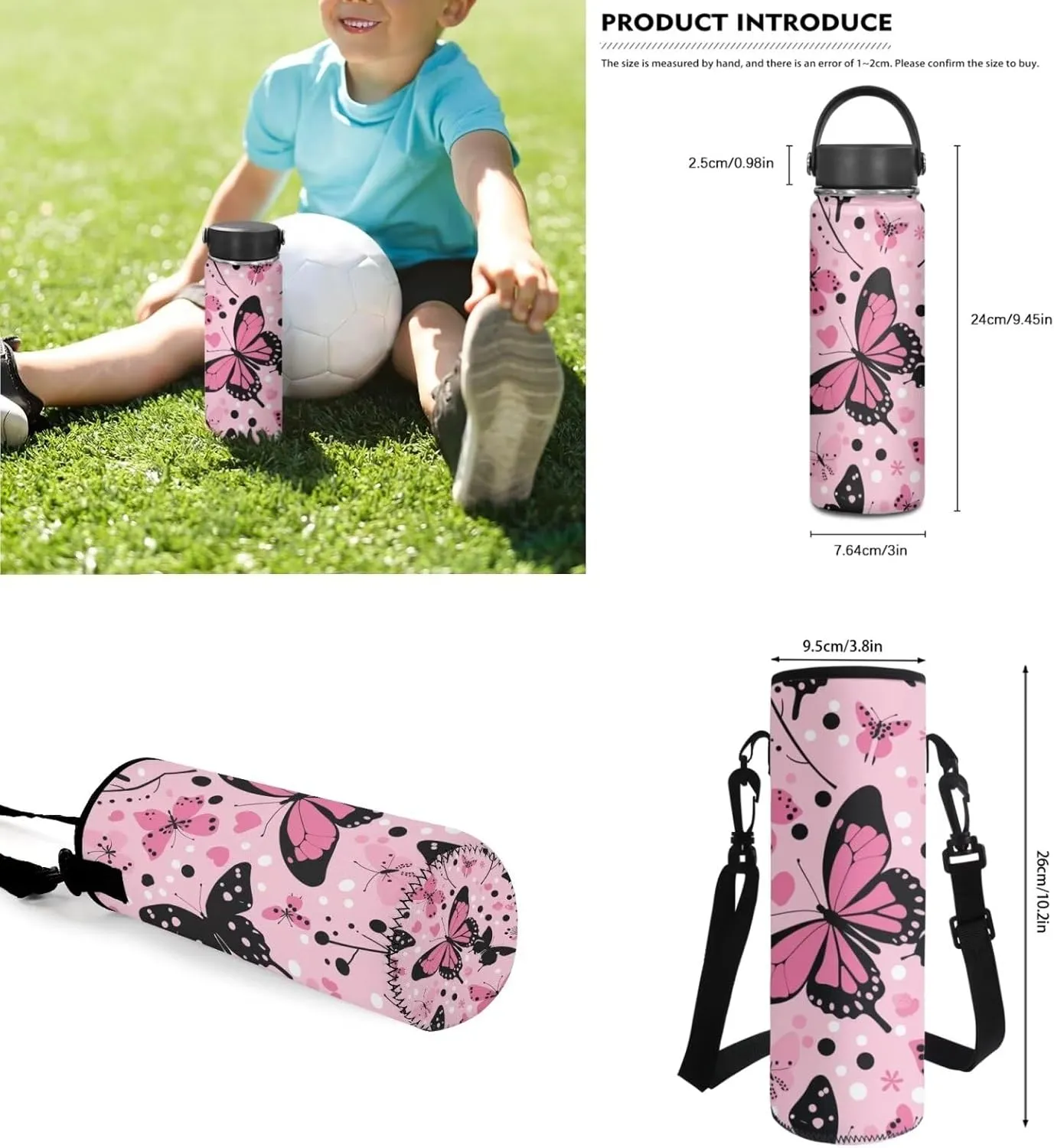 Butterfly School Bag Set for Girls 8-10 Cute School Backpack with Lunch Box Water Bottle Carrier Bag and Insulated Water Bottle for Elementary/Primary/Middle School Travel Daypack