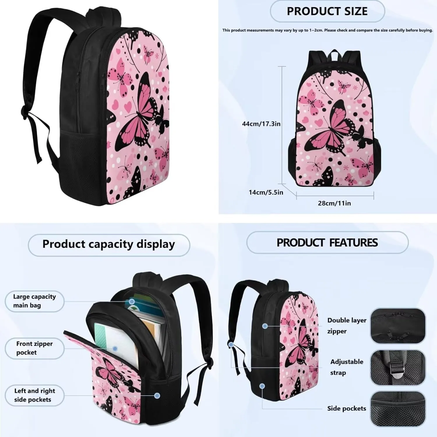 Butterfly School Bag Set for Girls 8-10 Cute School Backpack with Lunch Box Water Bottle Carrier Bag and Insulated Water Bottle for Elementary/Primary/Middle School Travel Daypack