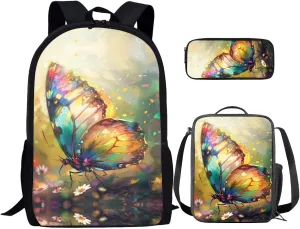 Butterfly School Bags Set for Girls School Bookbag with Pencilcase 3 in 1 Set Hiking Travel Daypack for Elementary Middle School Students Birthday Gifts for Kids