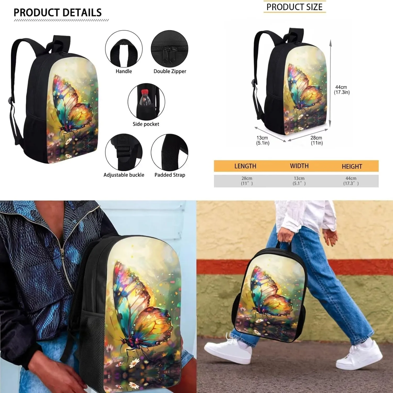 Butterfly School Bags Set for Girls School Bookbag with Pencilcase 3 in 1 Set Hiking Travel Daypack for Elementary Middle School Students Birthday Gifts for Kids