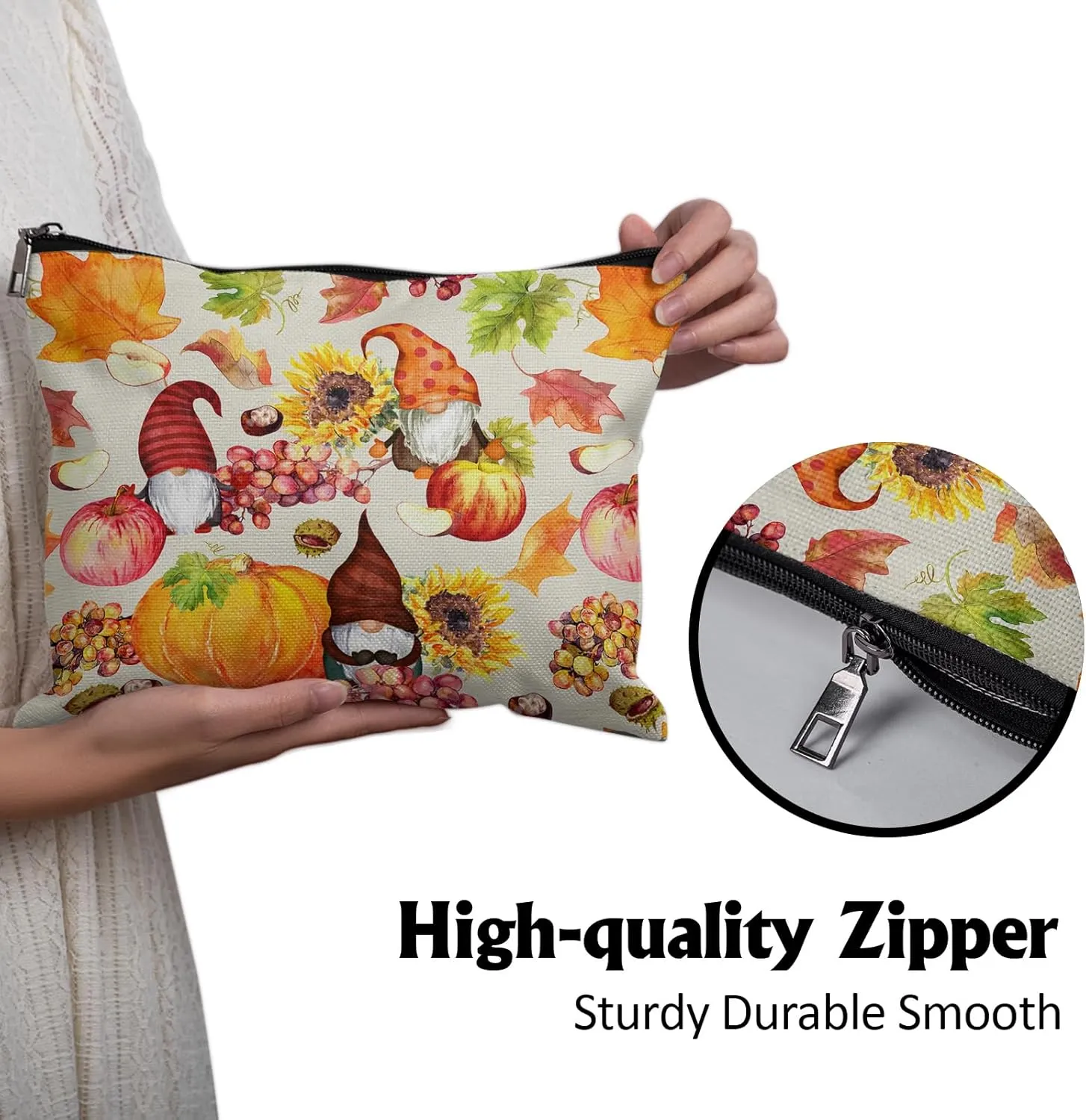 Cafl Autumn Gnomes Makeup Bag Travel Large Fall Pumpkin Cosmetic Bag Organizer toiletry Essentials Jewelry Zipper Bag Gift For Women -108 inch