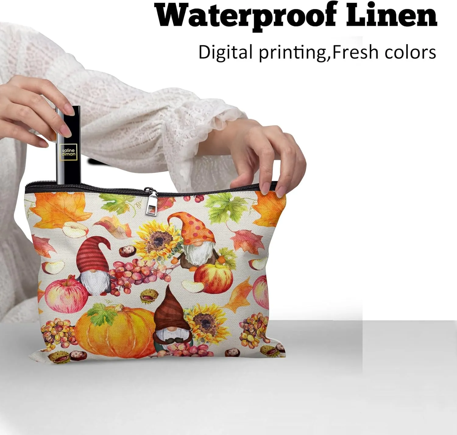 Cafl Autumn Gnomes Makeup Bag Travel Large Fall Pumpkin Cosmetic Bag Organizer toiletry Essentials Jewelry Zipper Bag Gift For Women -108 inch