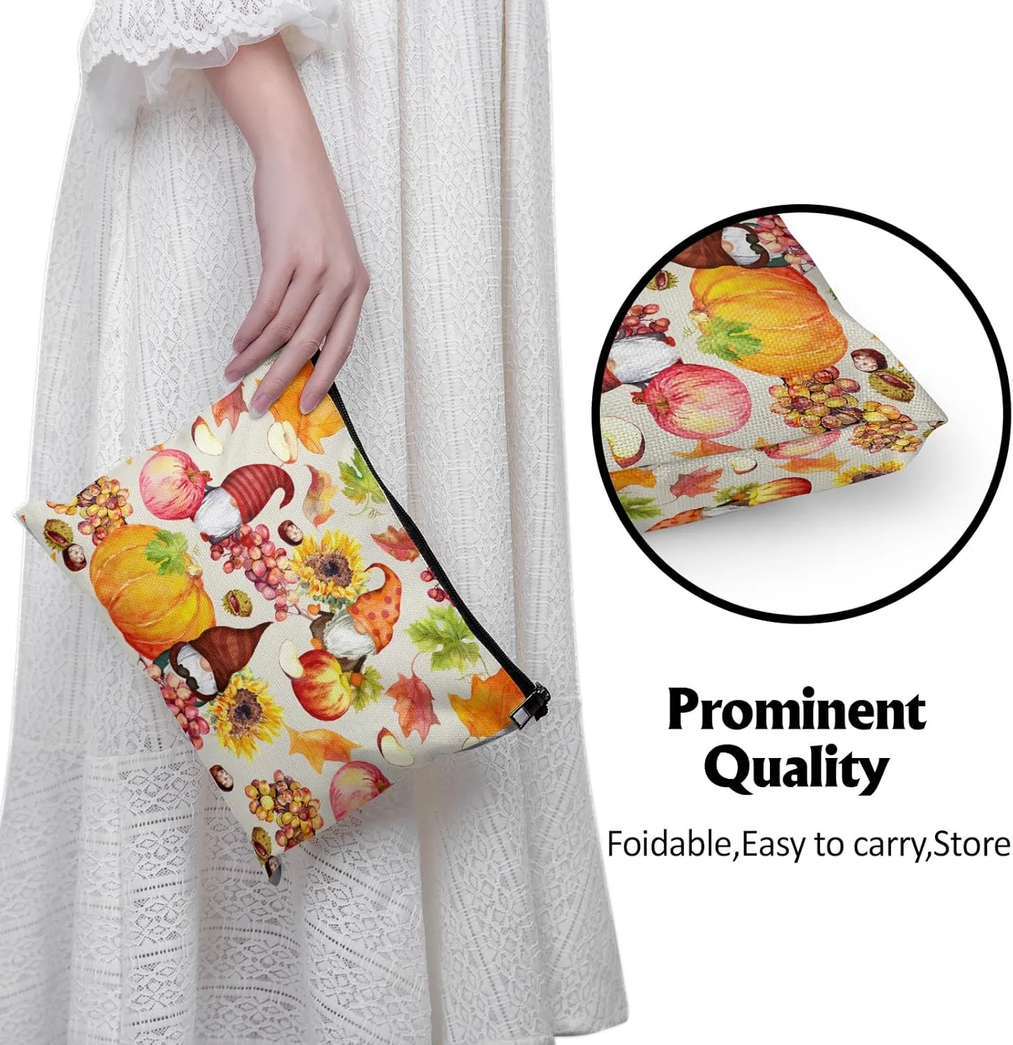 Cafl Autumn Gnomes Makeup Bag Travel Large Fall Pumpkin Cosmetic Bag Organizer toiletry Essentials Jewelry Zipper Bag Gift For Women -108 inch