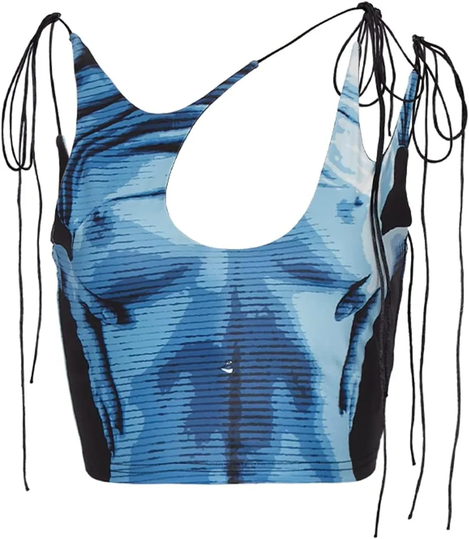 CAPE CLIQUE Y2K Tops Rave Outfits Sexy Tops for Women Party Club Night Halter Sleeveless 3D Body Print Summer Crop Tank Top