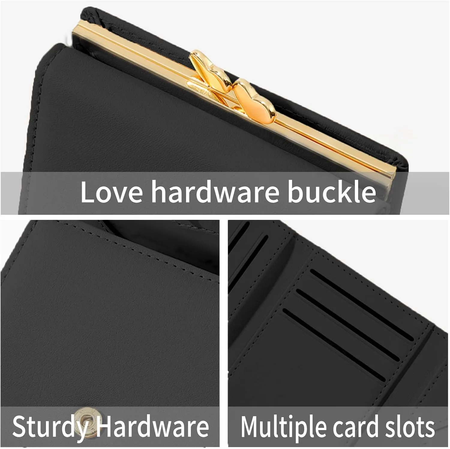 Cartoon Buckle Small Wallets for Women Ladies, RFID Blocking Purse, Cute Multi Slots Zero Moneybag (Black)