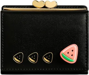 Cartoon Buckle Small Wallets for Women Ladies, RFID Blocking Purse, Cute Multi Slots Zero Moneybag (Black)