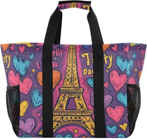 Cartoon Paris Tower Beach Bags for Women - Waterproof Sandproof Beach Tote with Pocket for Travel Vacation Gym