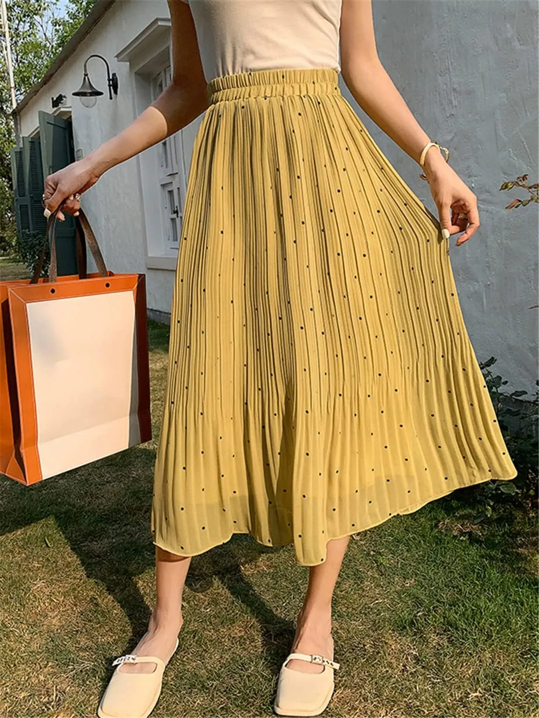 Casual Polka Dot Print Midi Long Skirt Women Summer Chiffon Pleated High Waist Skirt