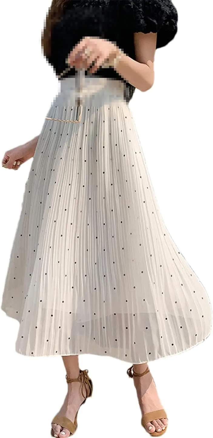 Casual Polka Dot Print Midi Long Skirt Women Summer Chiffon Pleated High Waist Skirt
