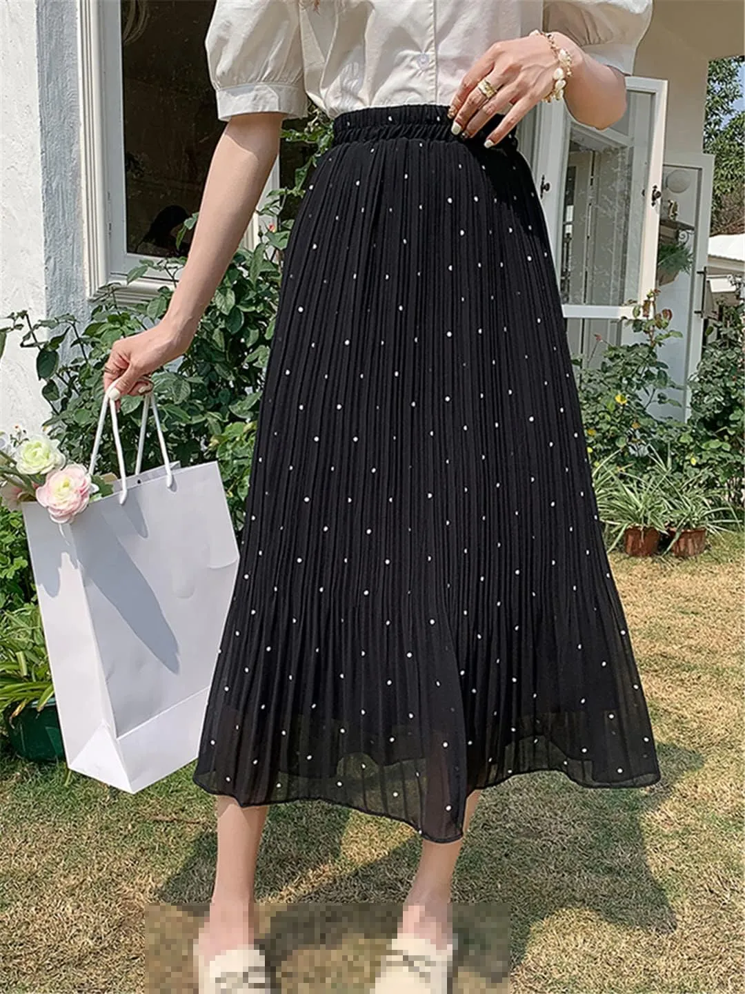 Casual Polka Dot Print Midi Long Skirt Women Summer Chiffon Pleated High Waist Skirt