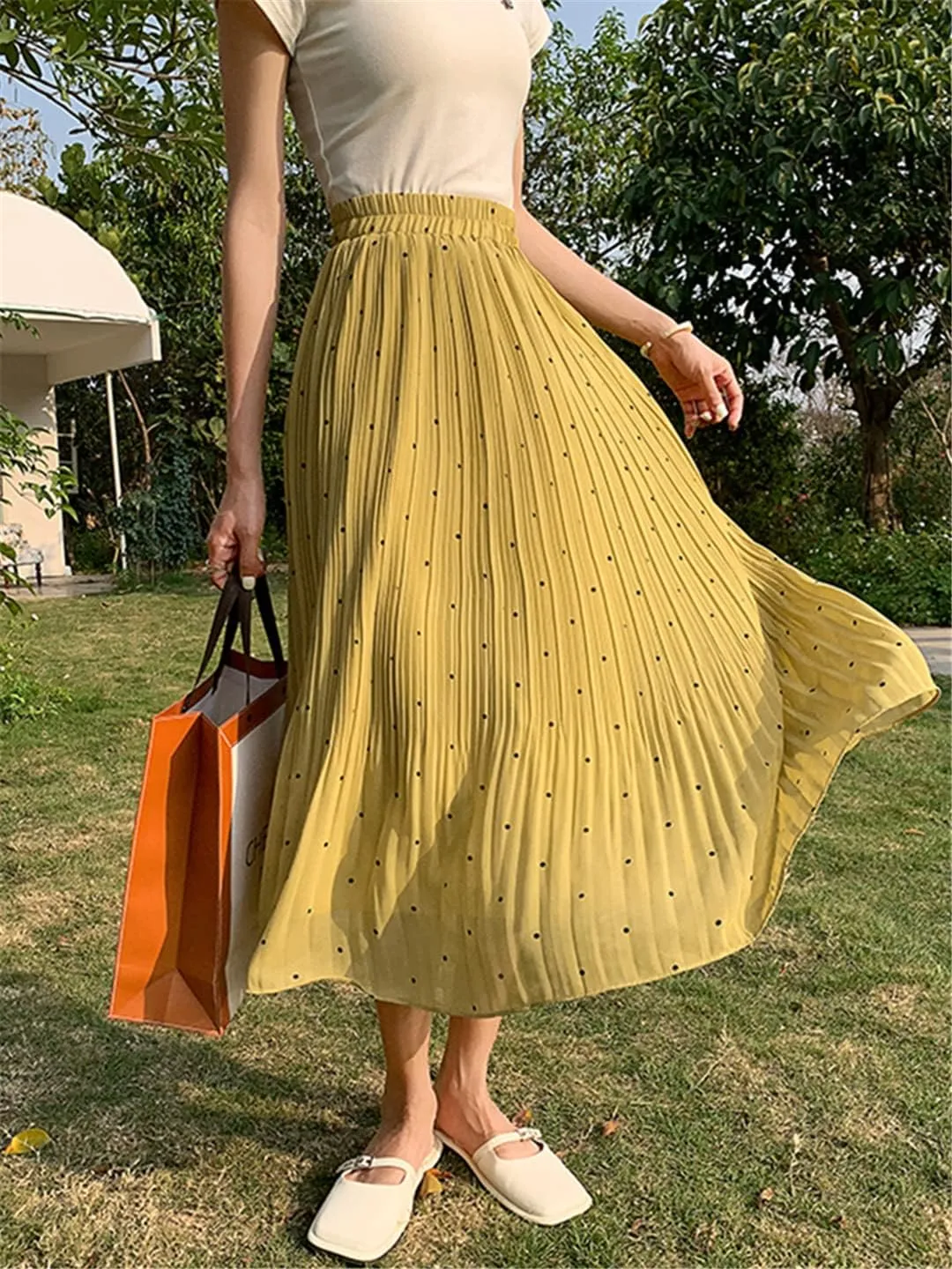 Casual Polka Dot Print Midi Long Skirt Women Summer Chiffon Pleated High Waist Skirt