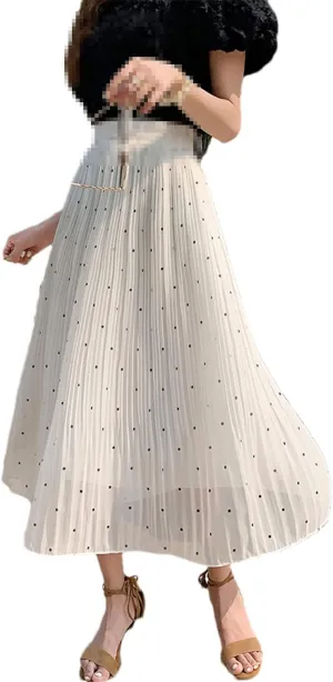 Casual Polka Dot Print Midi Long Skirt Women Summer Chiffon Pleated High Waist Skirt
