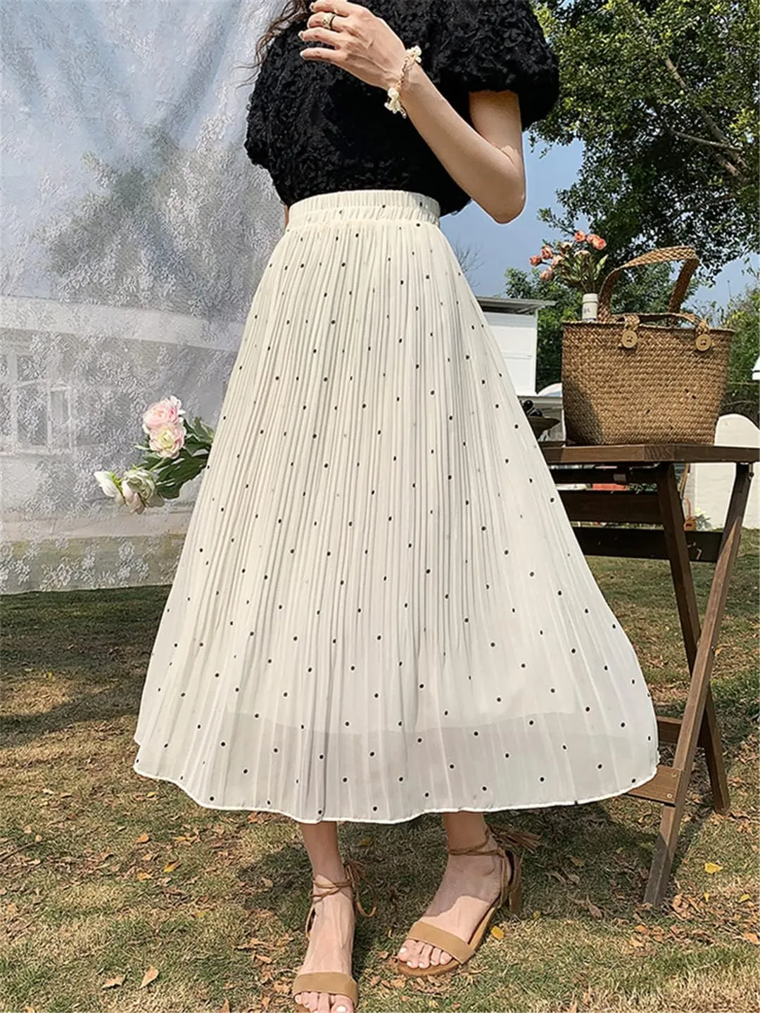 Casual Polka Dot Print Midi Long Skirt Women Summer Chiffon Pleated High Waist Skirt