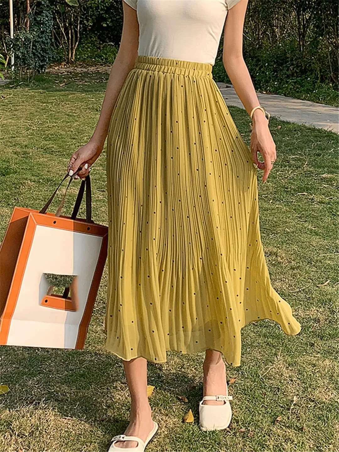 Casual Polka Dot Print Midi Long Skirt Women Summer Chiffon Pleated High Waist Skirt