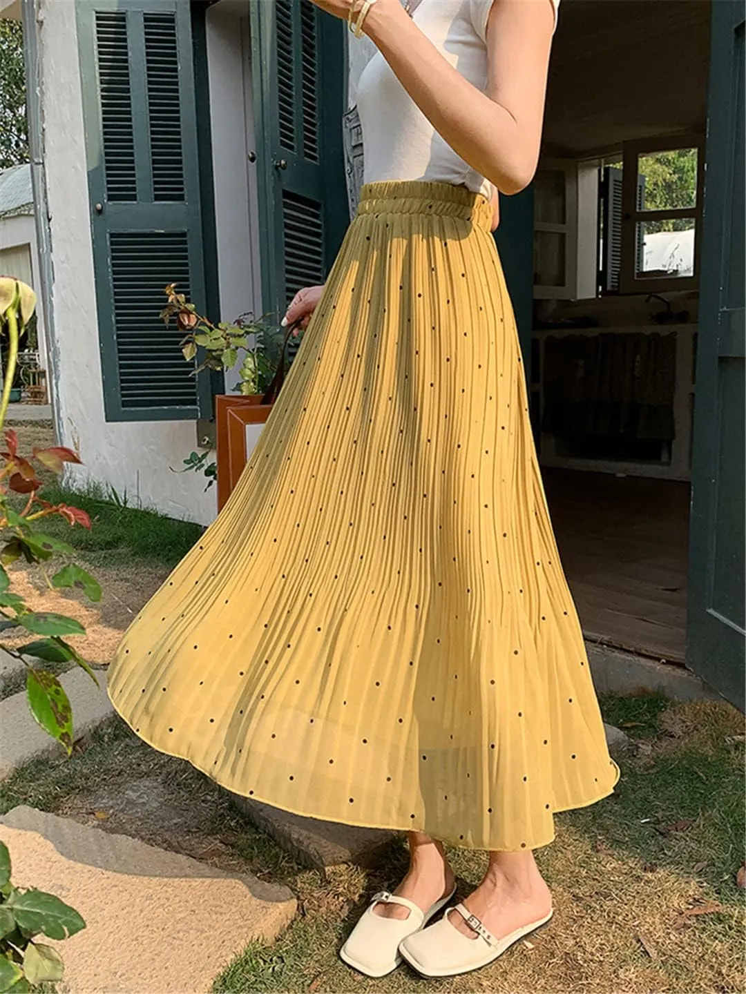 Casual Polka Dot Print Midi Long Skirt Women Summer Chiffon Pleated High Waist Skirt