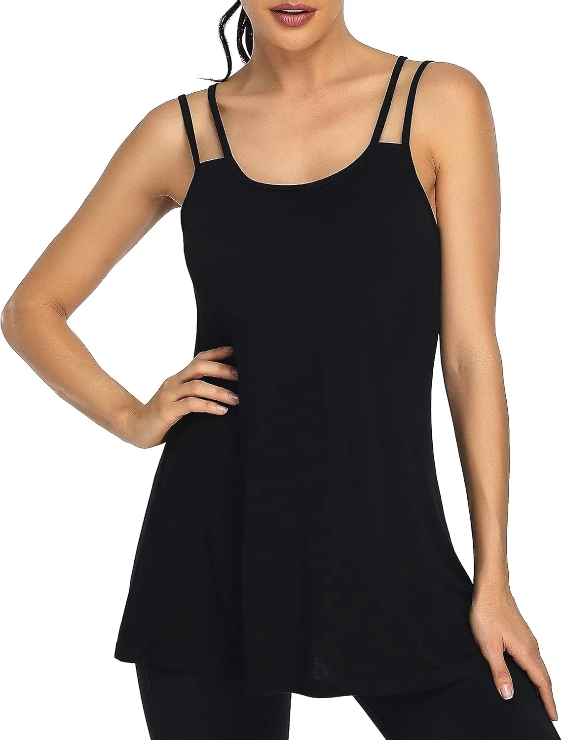 Cestyle Spaghetti Straps Camisole with Built-in Padded Shelf Bra for Women Dressy Casual, Scoop Neck Tunic Length Tank Tops