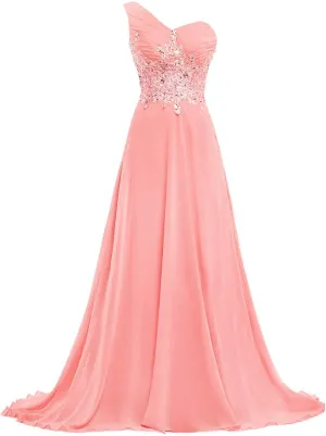 CharmingBridal One Shoulder Prom Dresses Lace Pleated Chiffon Long Evening Gowns