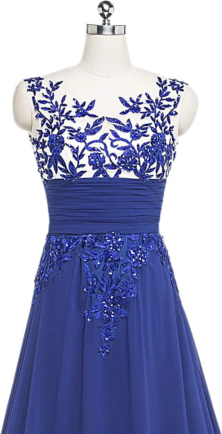 CharmingBridal Women A Line Illusion Lace Prom Dresses Chiffon Evening Gowns