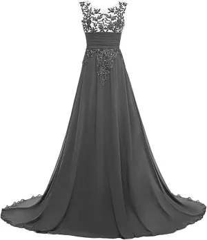 CharmingBridal Women A Line Illusion Lace Prom Dresses Chiffon Evening Gowns