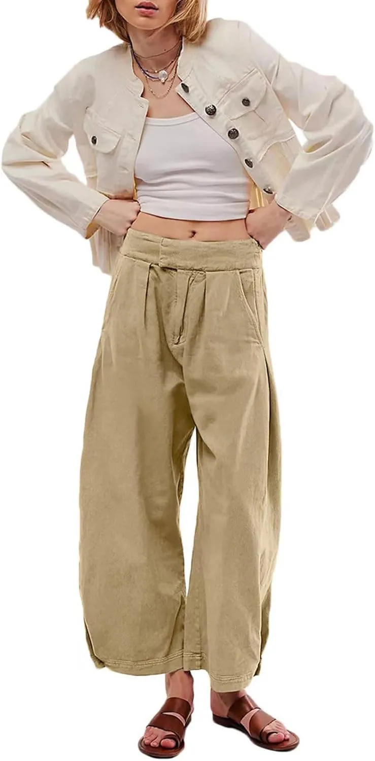 CHARTOU Women's Baggy Barrel Pant Wide Leg Horseshoe Ankle Jeans Mid Rise Harem Y2K Denim Pants with Pockets