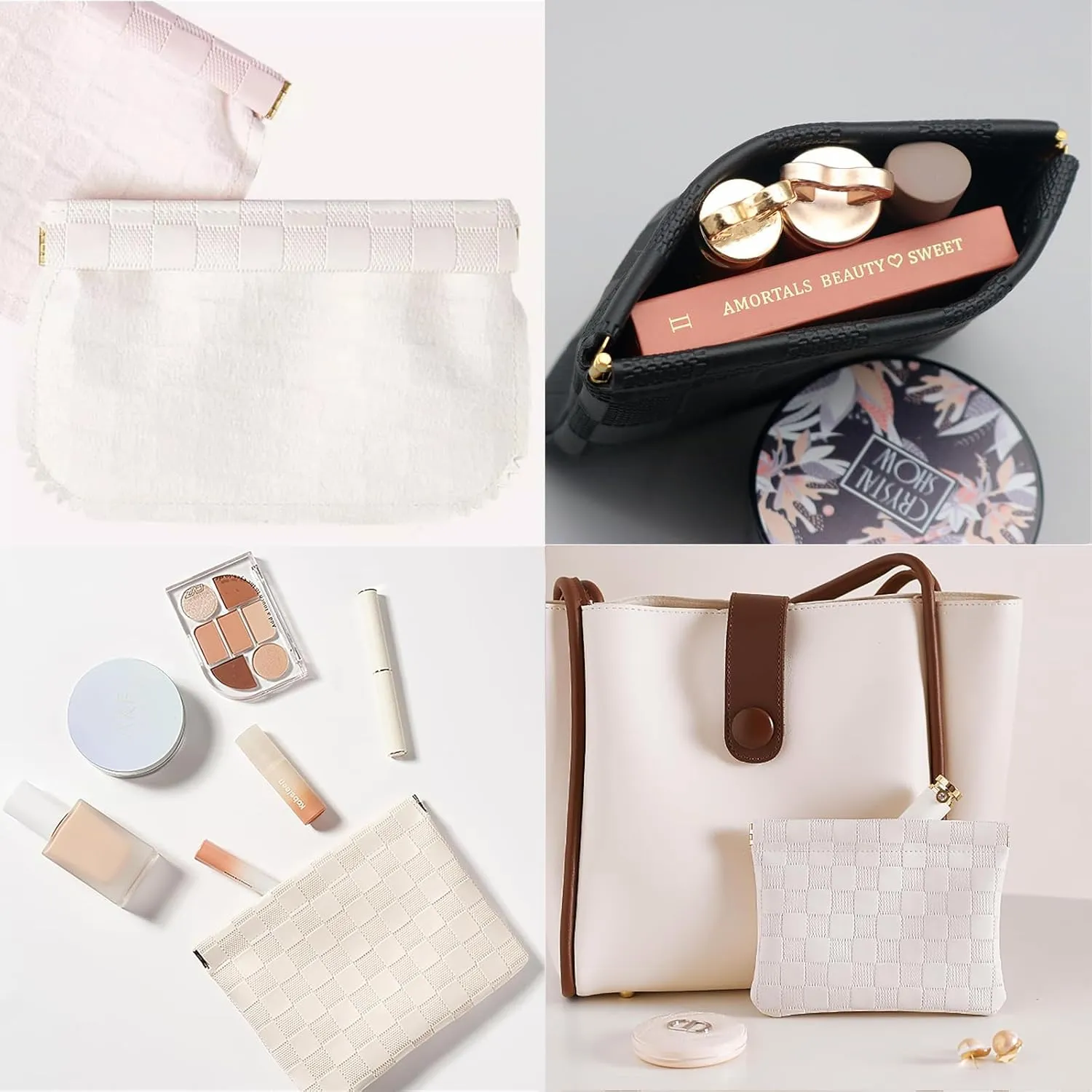 Checkered Makeup Bag Set Black 2 Pieces Portable Cosmetic Bag Waterproof Small Makeup Bag for Pourse Aesthetic Accessories Small Travel Makeup Bag for Women inside Purse