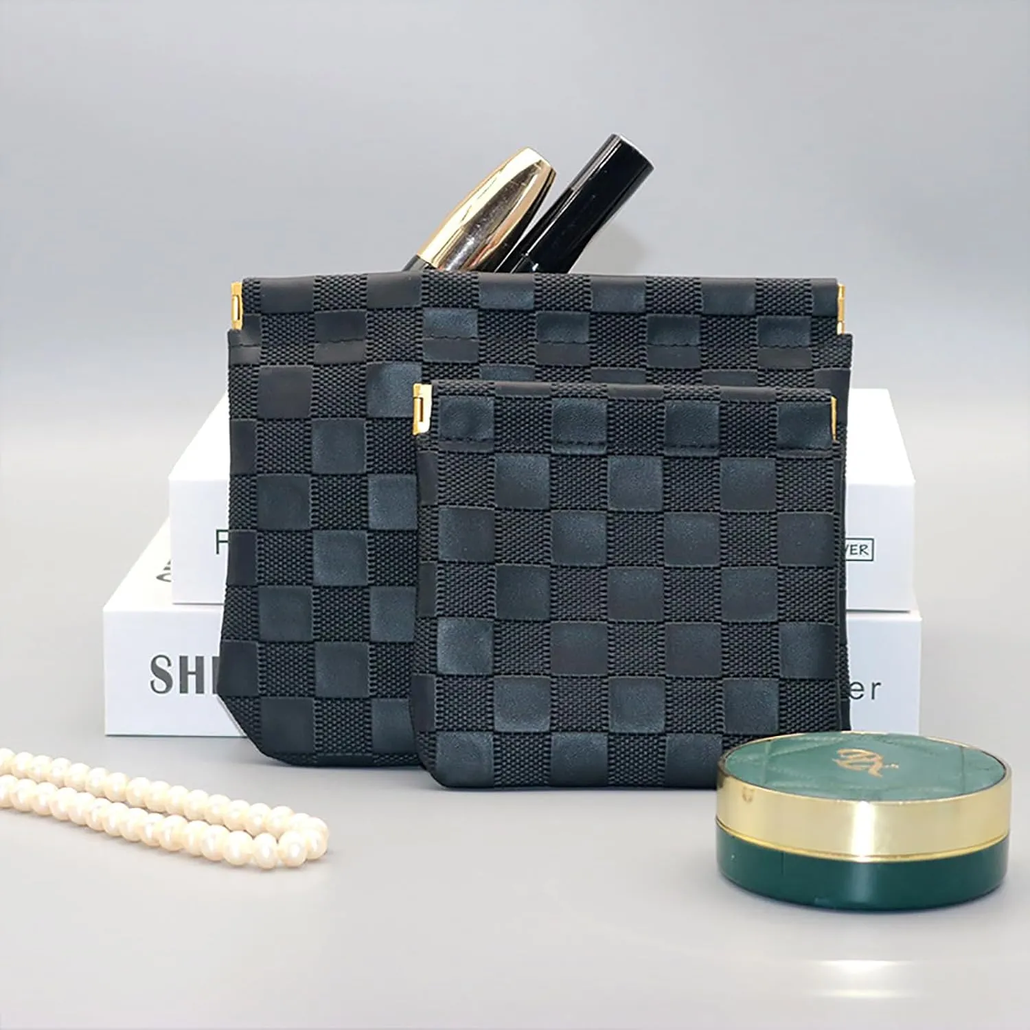 Checkered Makeup Bag Set Black 2 Pieces Portable Cosmetic Bag Waterproof Small Makeup Bag for Pourse Aesthetic Accessories Small Travel Makeup Bag for Women inside Purse