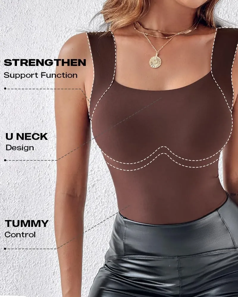 CHICME Womens U Neck Shapewear Built-in Bra Tank High Strechy Sleeveless Slim Fit Tops Camisole Workout Tops