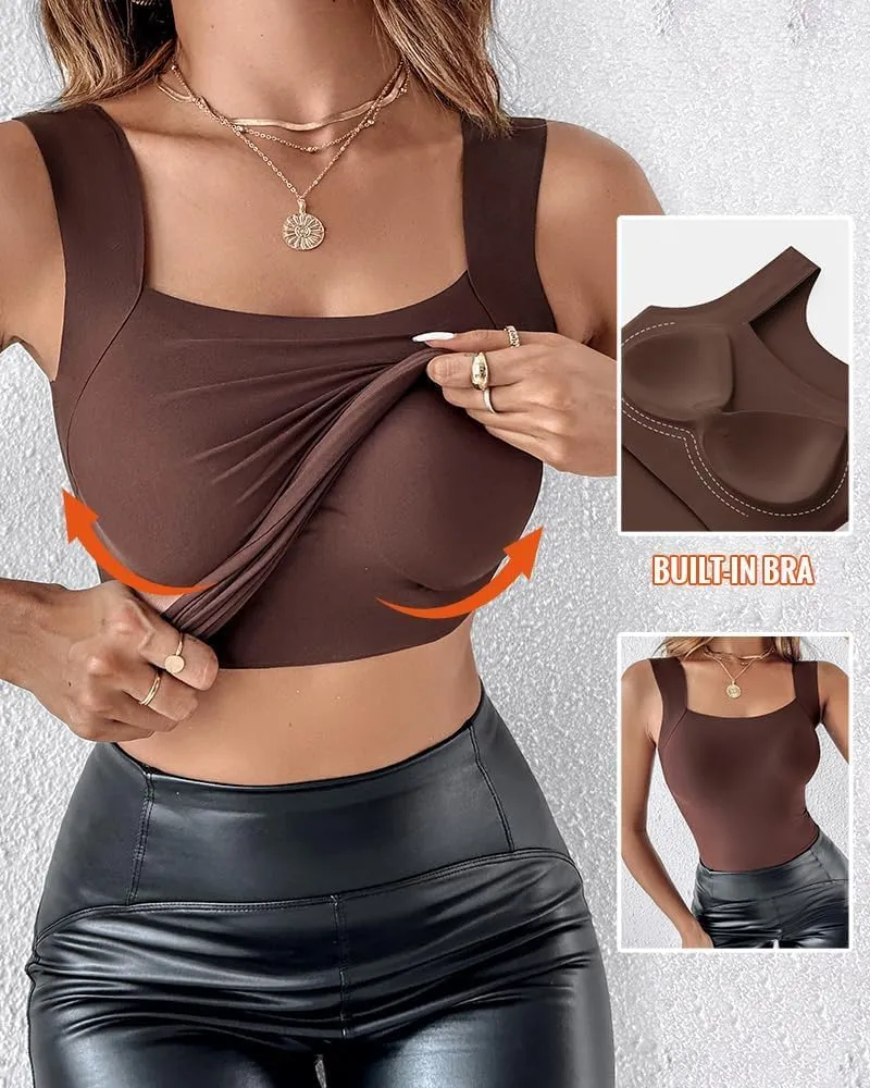 CHICME Womens U Neck Shapewear Built-in Bra Tank High Strechy Sleeveless Slim Fit Tops Camisole Workout Tops