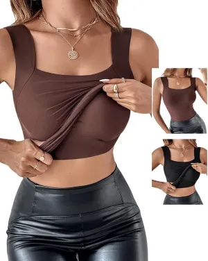 CHICME Womens U Neck Shapewear Built-in Bra Tank High Strechy Sleeveless Slim Fit Tops Camisole Workout Tops