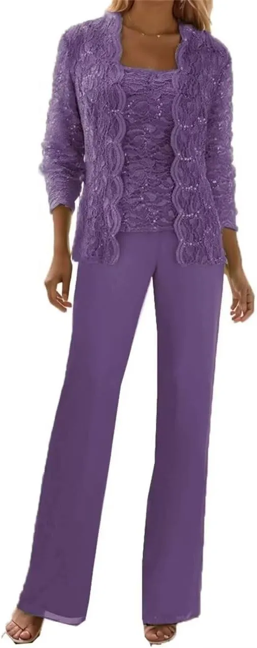 Chiffon 3 Pieces Mother of The Bride Pant Suits for Wedding Lace Sequin Pant Suits for Women Dressy Party