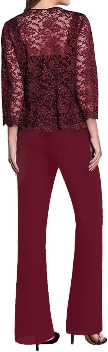 Chiffon 3 Pieces Mother of The Bride Pant Suits for Wedding Lace Sequin Pant Suits for Women Dressy Party