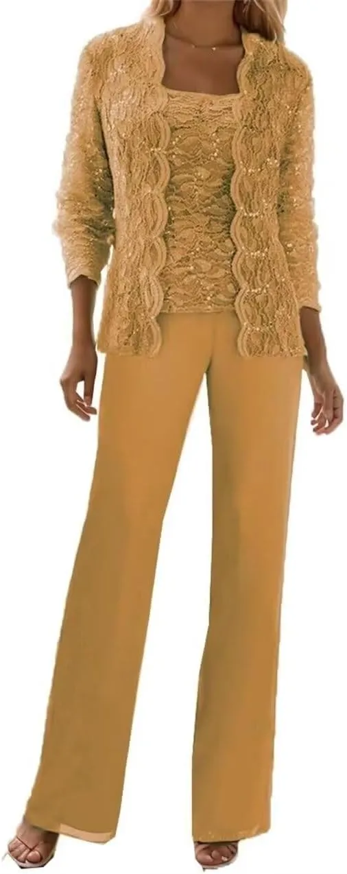 Chiffon 3 Pieces Mother of The Bride Pant Suits for Wedding Lace Sequin Pant Suits for Women Dressy Party