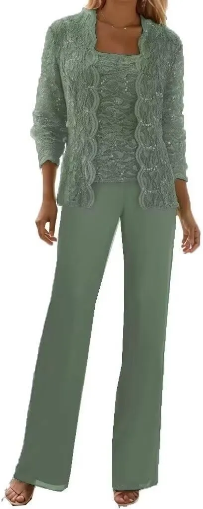 Chiffon 3 Pieces Mother of The Bride Pant Suits for Wedding Lace Sequin Pant Suits for Women Dressy Party