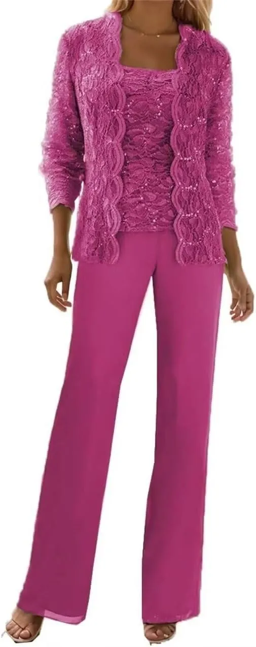 Chiffon 3 Pieces Mother of The Bride Pant Suits for Wedding Lace Sequin Pant Suits for Women Dressy Party