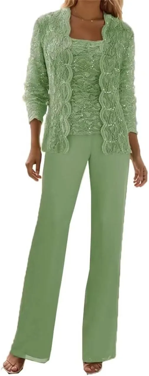 Chiffon 3 Pieces Mother of The Bride Pant Suits for Wedding Lace Sequin Pant Suits for Women Dressy Party