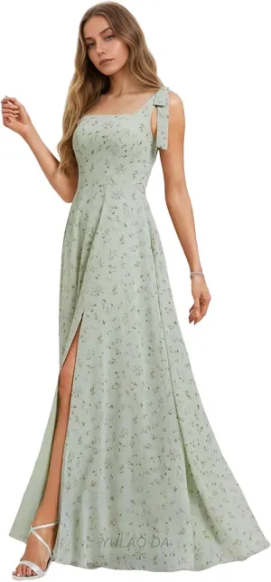 Chiffon Birdesmaid Dresses Long Square Neck Formal Dress with Slit Bow Prom Dresses for Women with Pockets