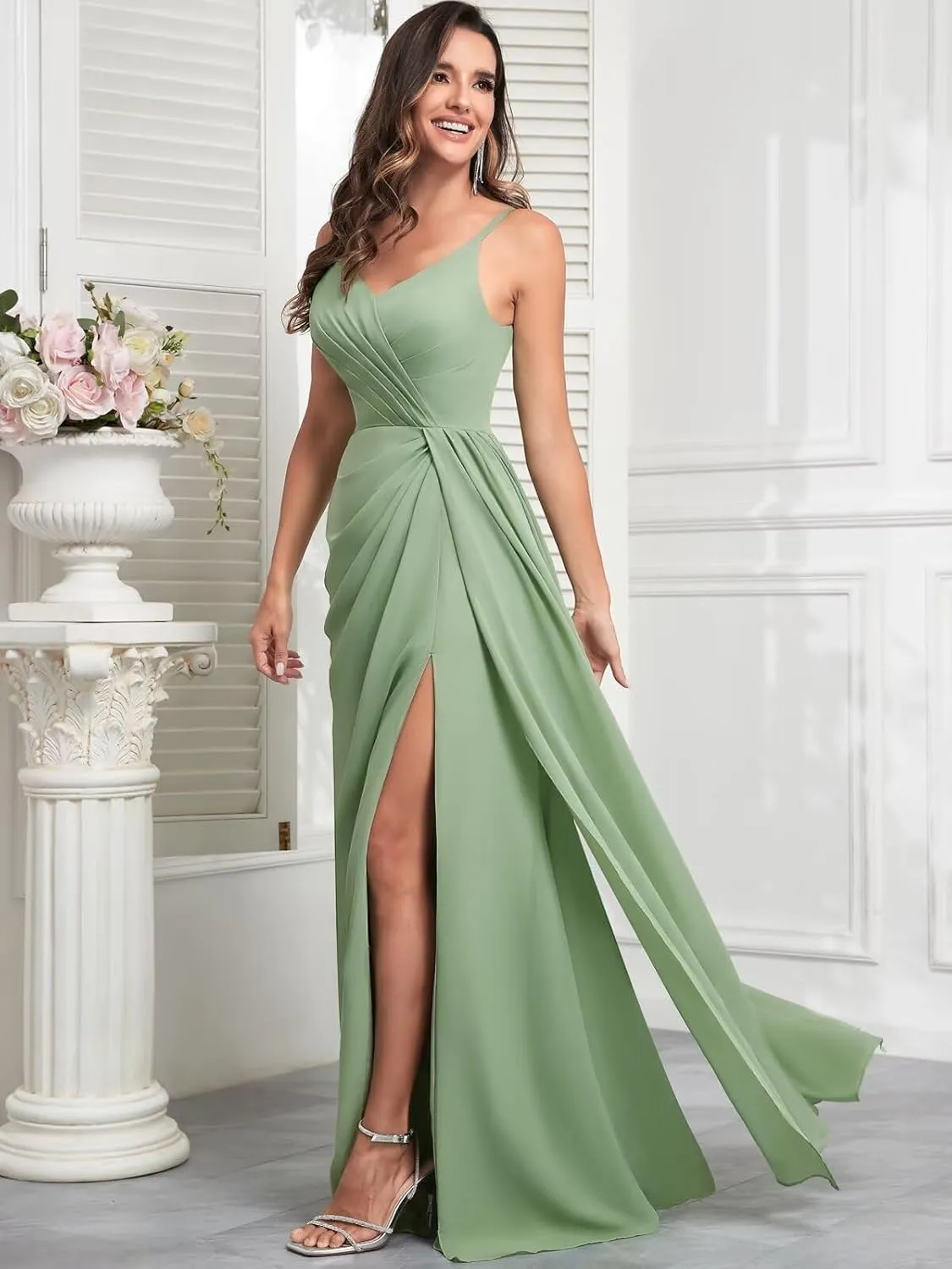 Chiffon Bridesmaid Dresses for Wedding with Slit Spaghetti Straps Ruched V Neck Long Formal Evening Gowns