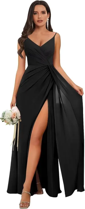 Chiffon Bridesmaid Dresses for Wedding with Slit Spaghetti Straps Ruched V Neck Long Formal Evening Gowns
