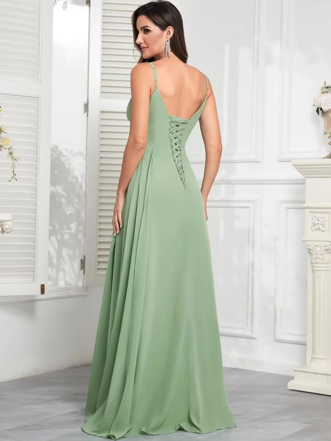 Chiffon Bridesmaid Dresses for Wedding with Slit Spaghetti Straps Ruched V Neck Long Formal Evening Gowns