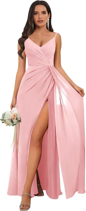 Chiffon Bridesmaid Dresses for Wedding with Slit Spaghetti Straps Ruched V Neck Long Formal Evening Gowns