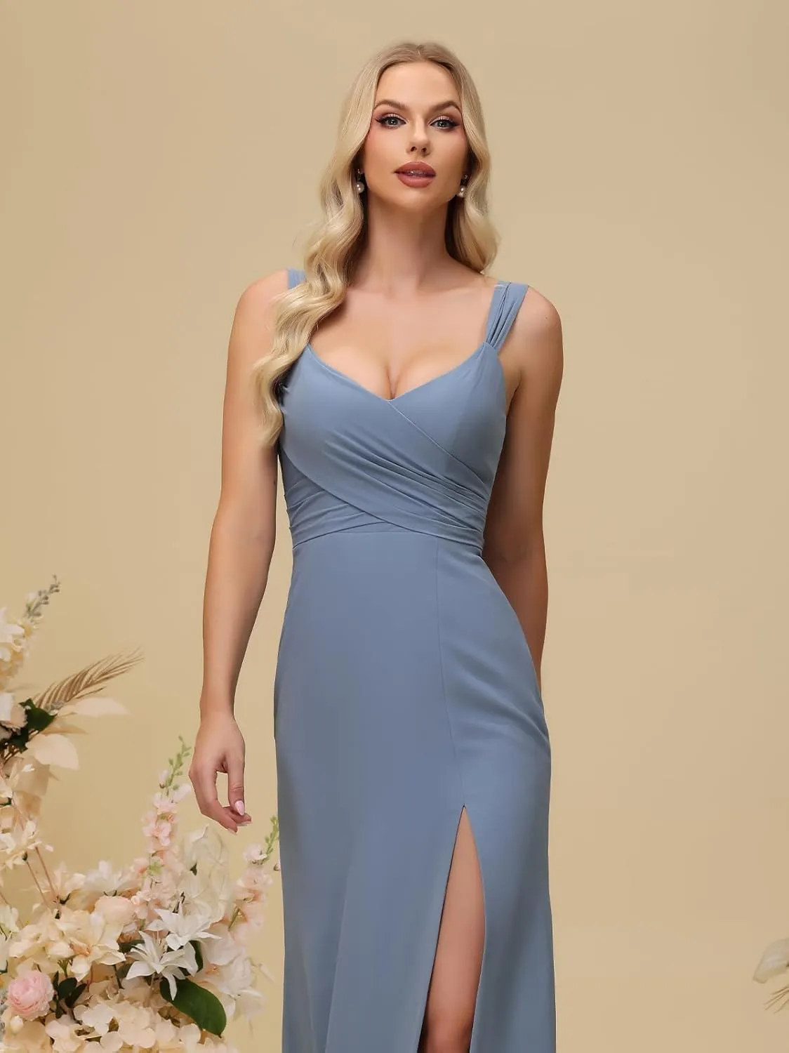 Chiffon Bridesmaid Dresses for Women 2025 Pleated Straps Formal Gown Mermaid V Neck Evening Dress with Slit